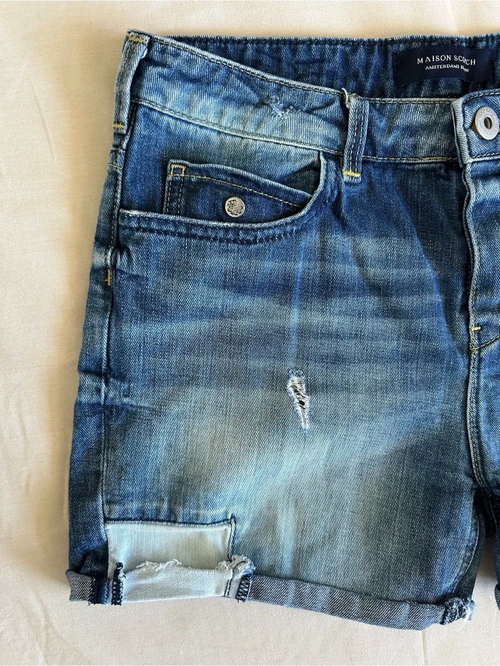 Vintage Scotch & Soda Women's Blue Distressed Patch Denim Shorts Size 25